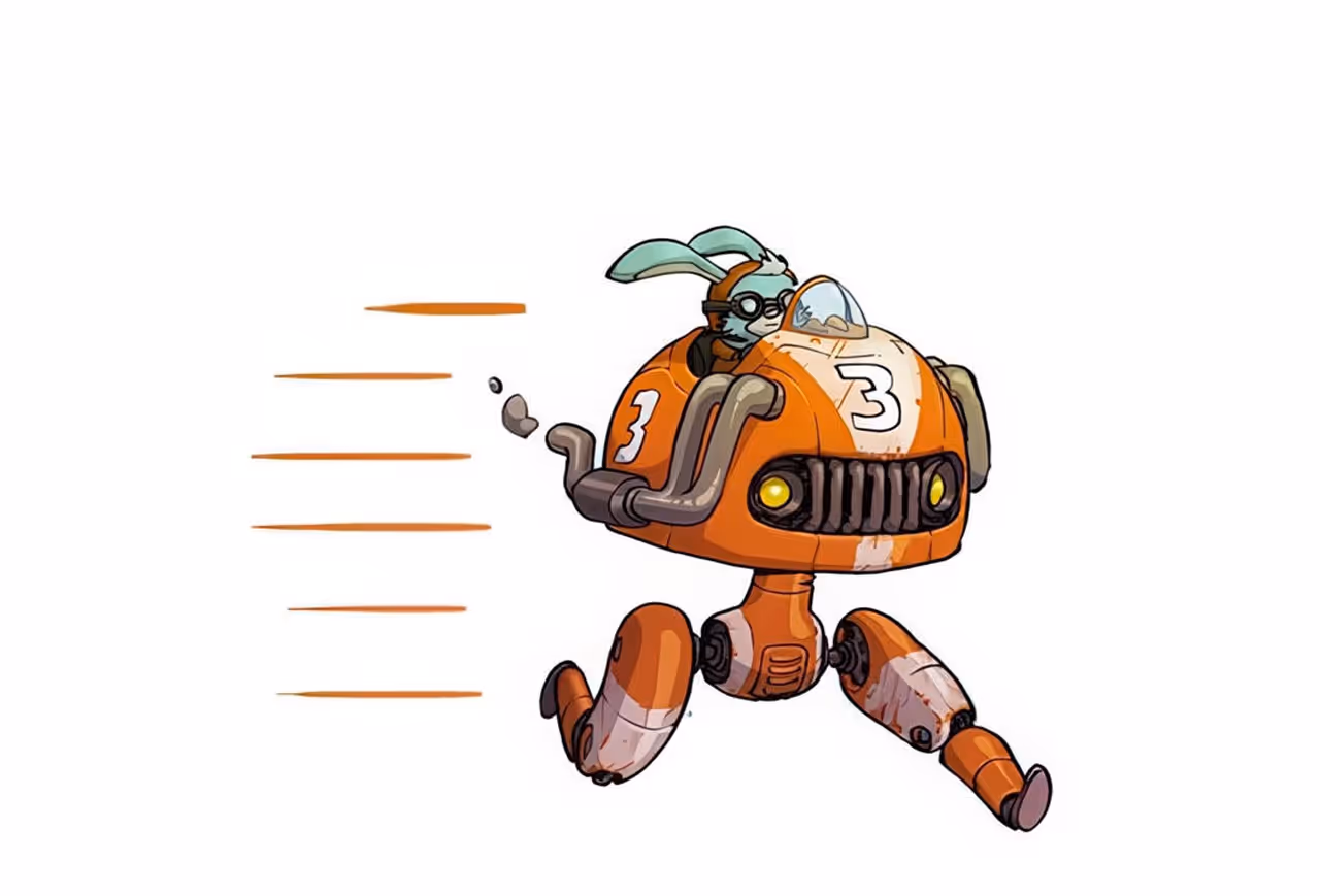 A cartoon bunny wearing goggles races forward inside a bright orange, walking car-robot numbered “3,” with motion lines showing high speed against a white background.