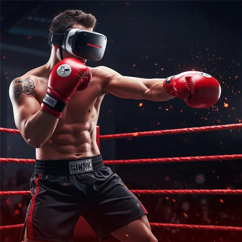 Boxer with VR gloves in a glowing, virtual ring