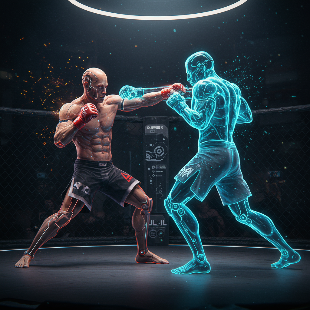 Fighter executing a move in a holographic octagon