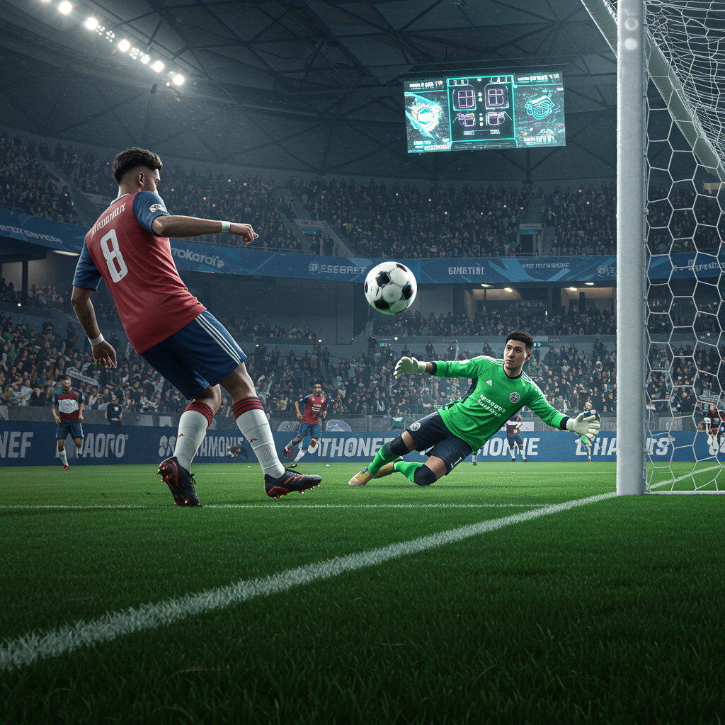 Player kicking a ball in a sleek, digital stadium with virtual crowds