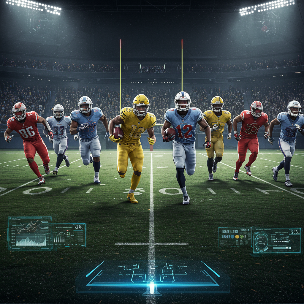 Quarterback throwing a pass on a field with futuristic overlays