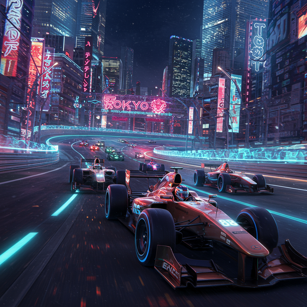 Race car speeding on a track with neon-lit, holographic barriers