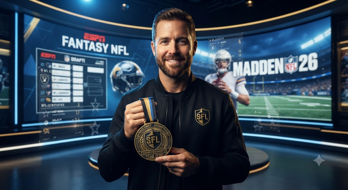 Man smiling and holding an SFL championship medal in a studio with ESPN Fantasy NFL and Madden NFL 26 screens.