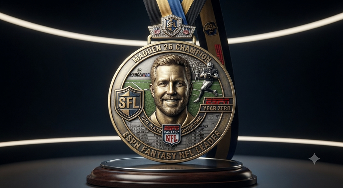 Medal inscribed Madden 26 Champion ESPN Fantasy NFL Leader with a smiling man and football player images.