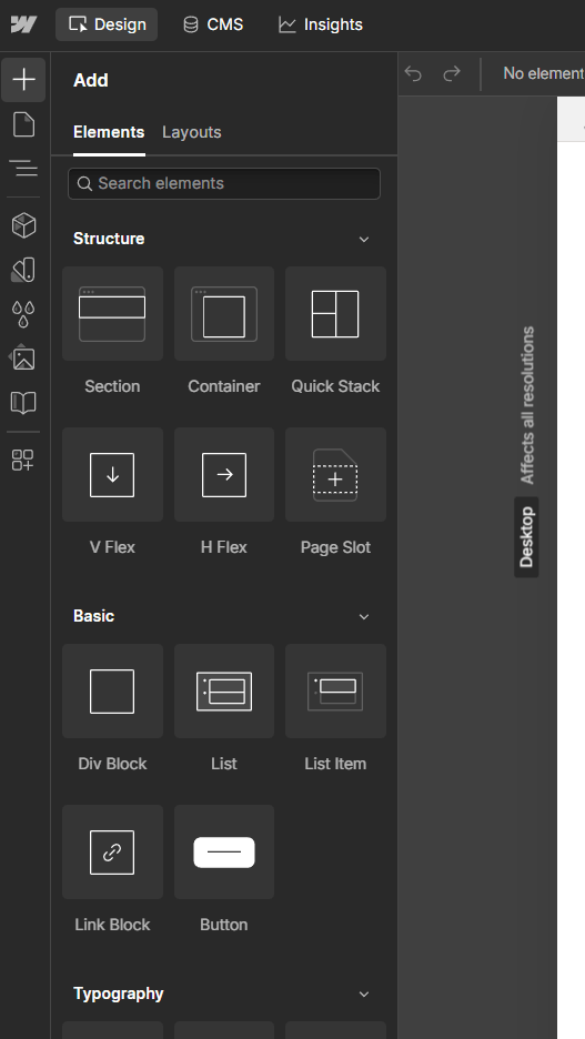 Interface de conception de site Webflow