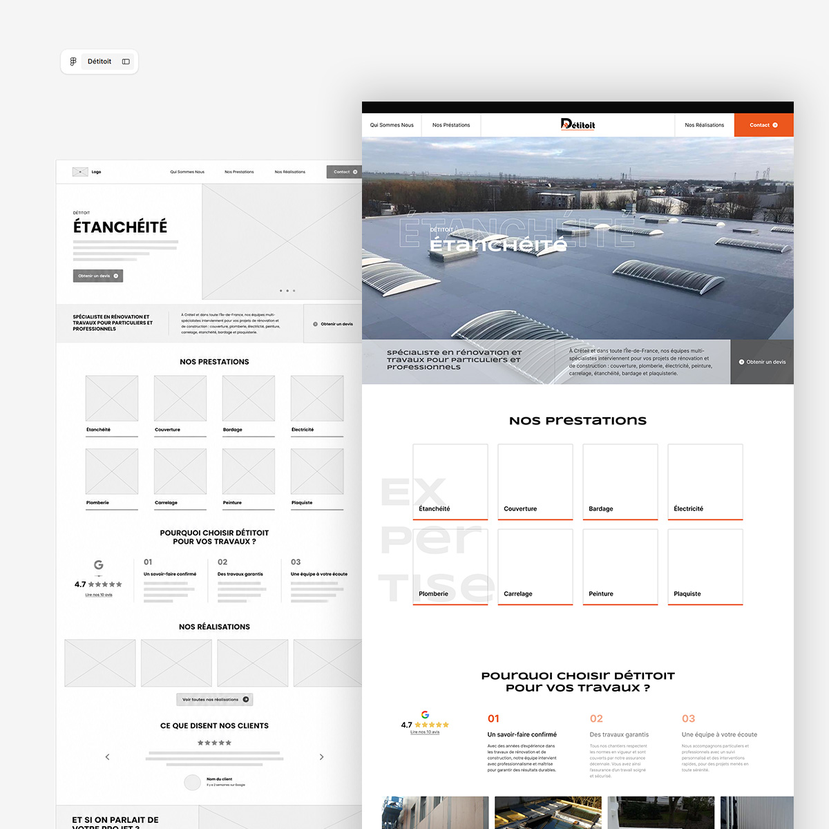 Maquette de page d'accueil sur Webflow, du wireframe en niveaux de gris au design finalisé