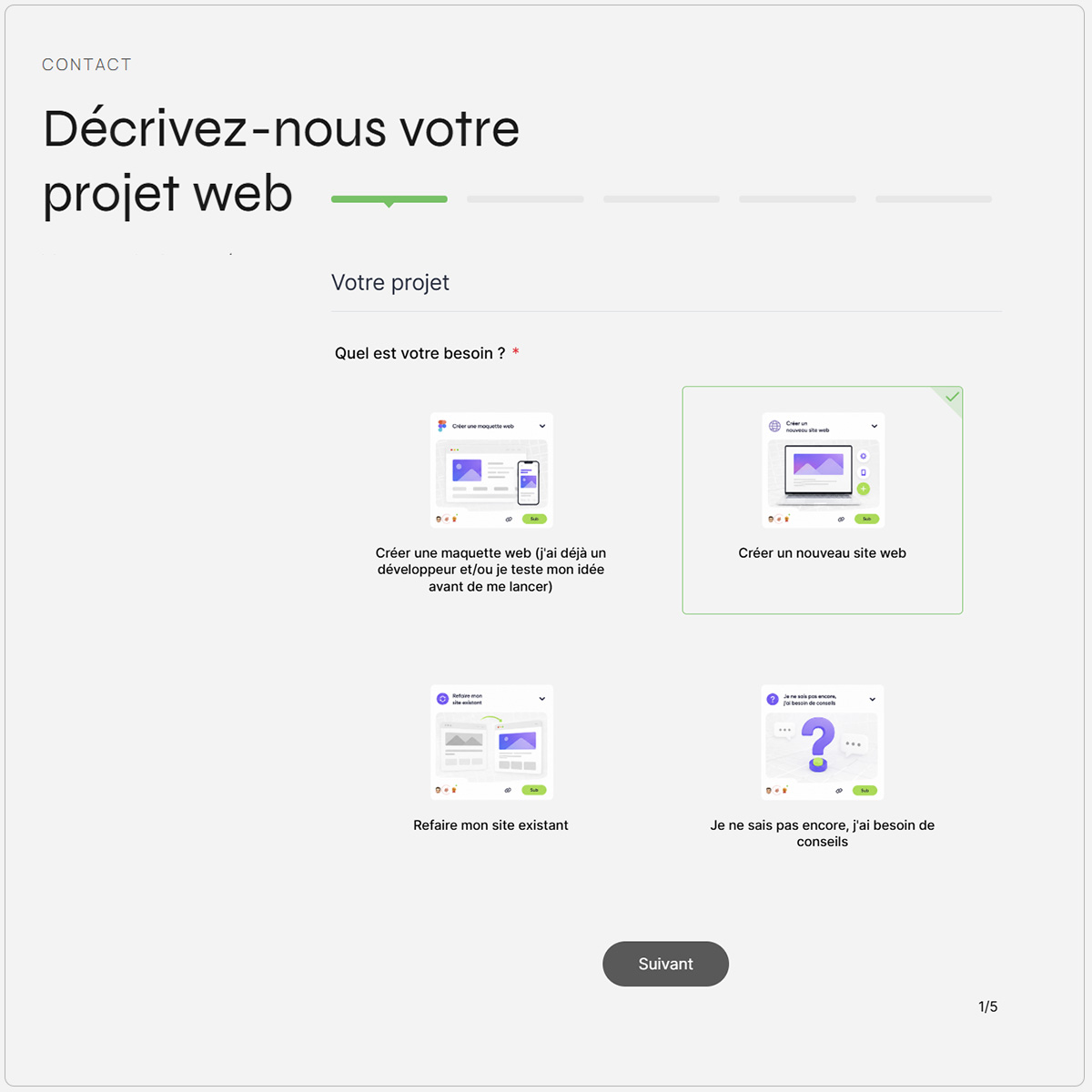 Formulaire de contact BrandLine pour décrire son projet de site web et sélectionner sa catégorie