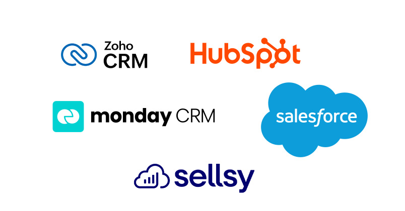Logos des CRM compatibles : Zoho CRM, HubSpot, Monday CRM, Salesforce et Sellsy