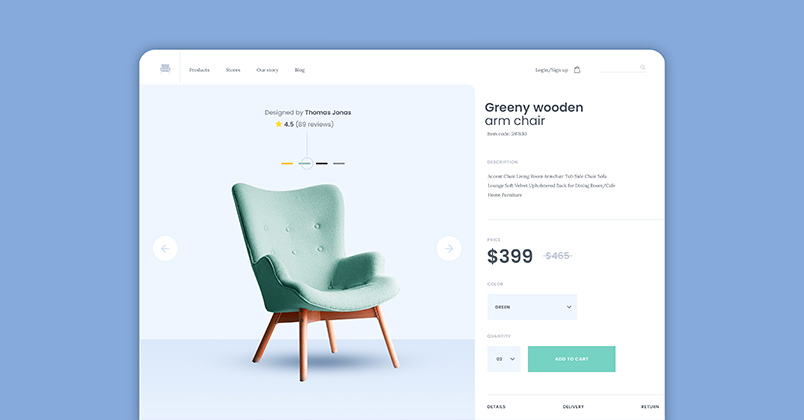 Exemple de fiche produit d'un site e-commerce développé sur Webflow