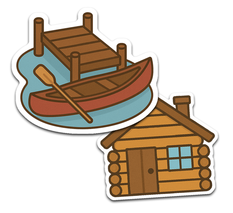 Stickers of a cartoon dock with canoe and paddle and a log cabin.