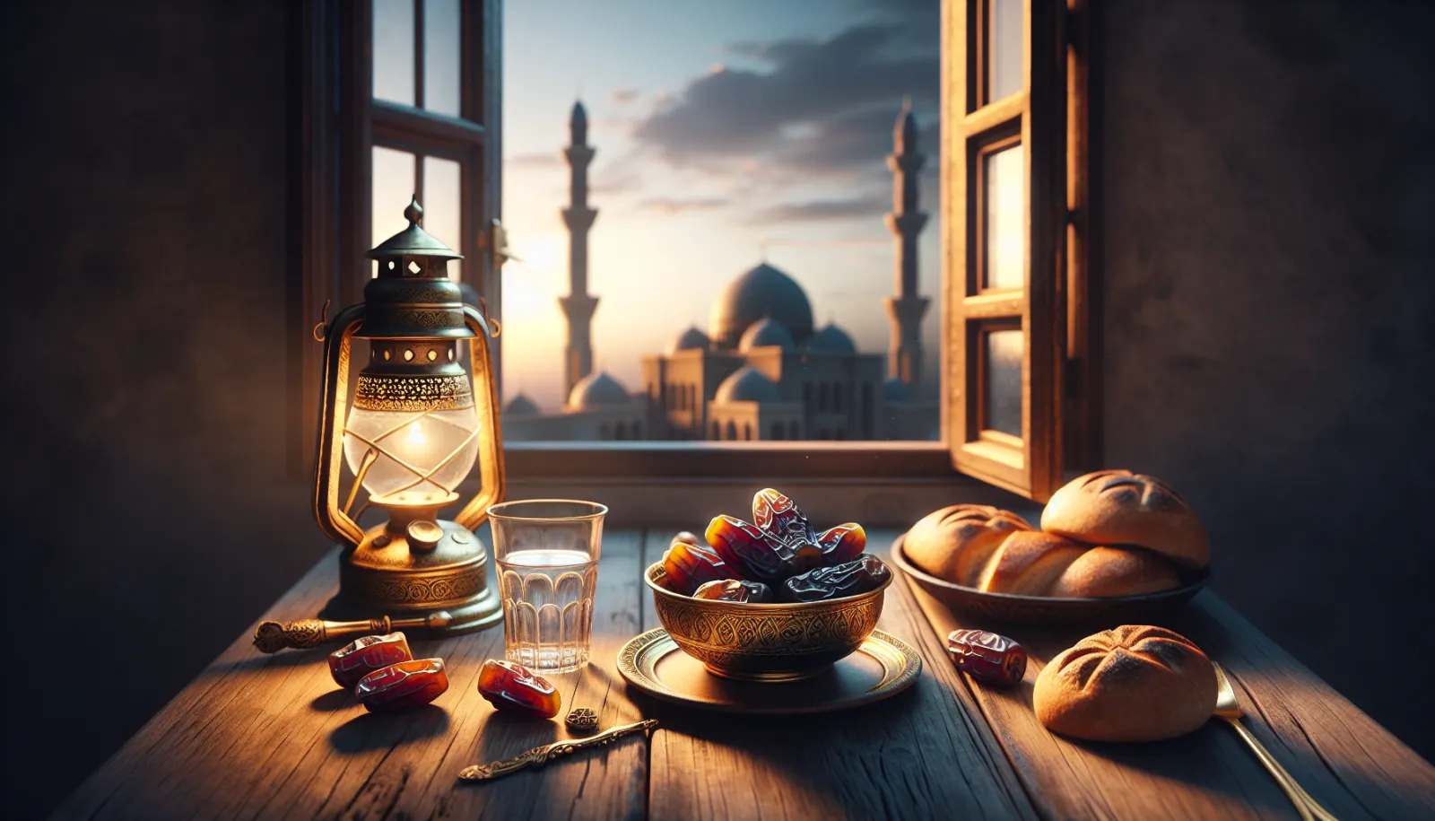 Traditional Ramadan iftar table with dates and lanterns at sunset with mosque visible through window
