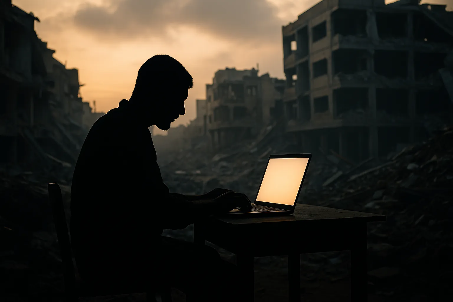 Freelancer silhouette with laptop in Gaza ruins.