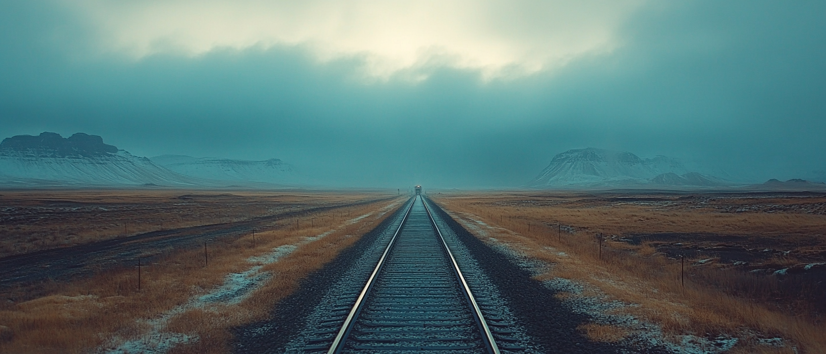 Railroad tracks stretching into a foggy, mountainous landscape with a moody sky