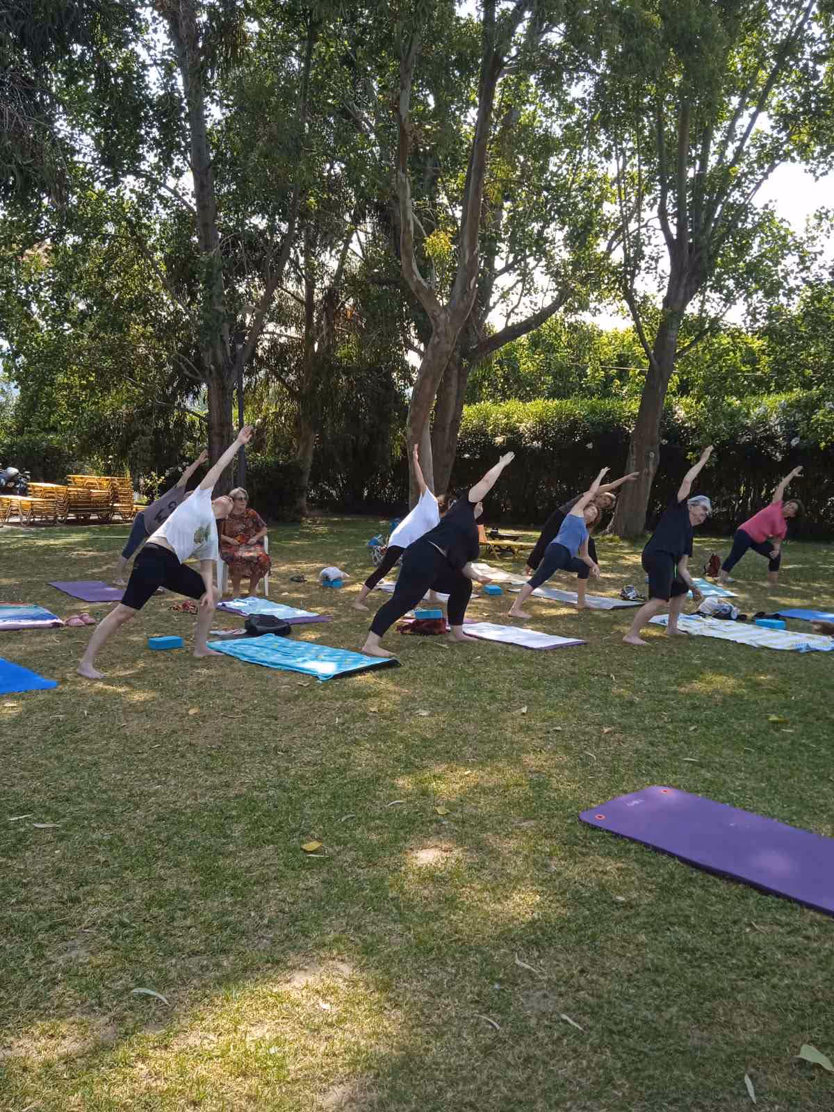 Πρωινή τάξη yoga σε παραλία, Virabhadrasana variation