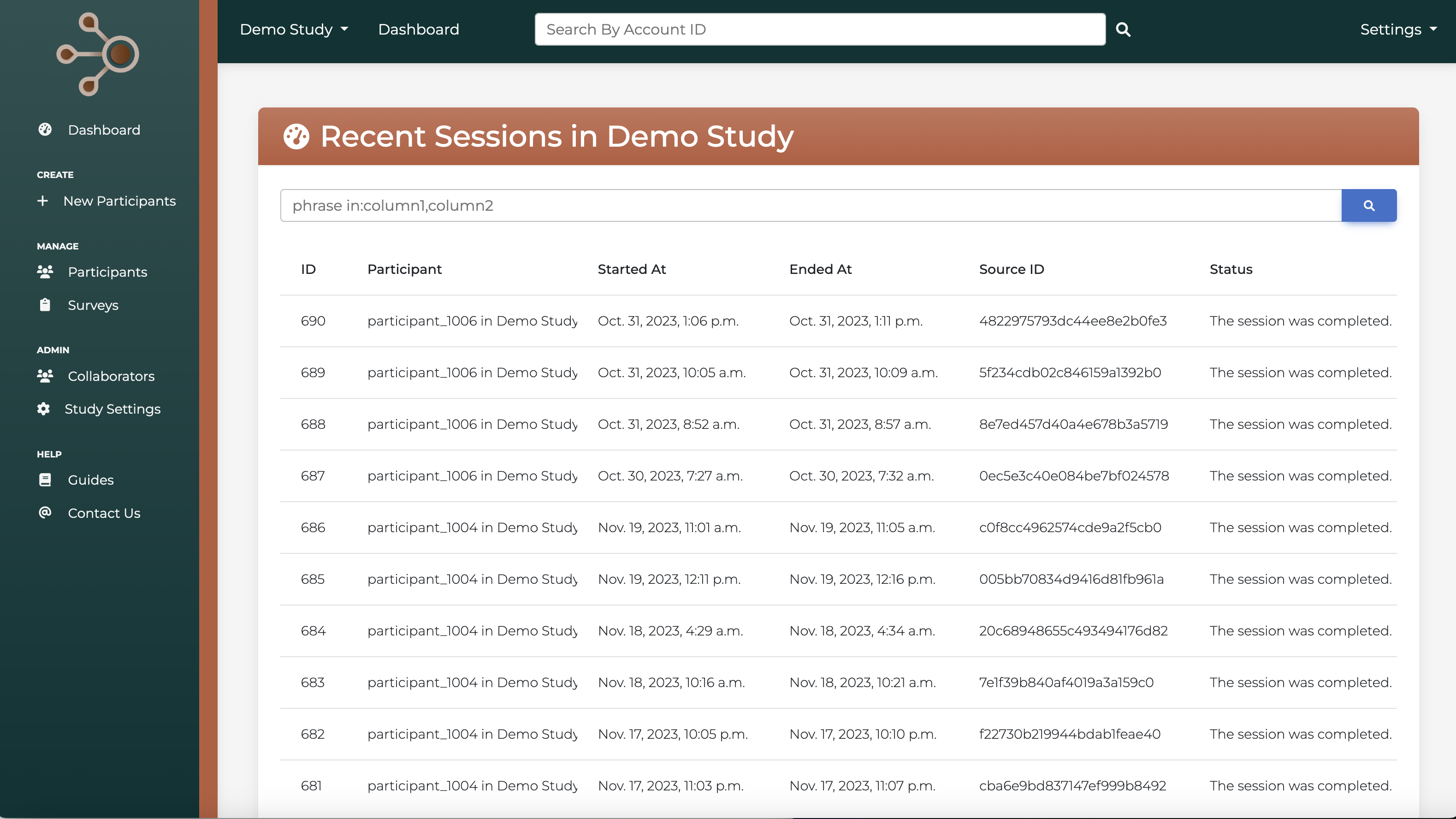 A digital mockup of a page within the DataSync platform that keeps a log of sessions within a given study. 