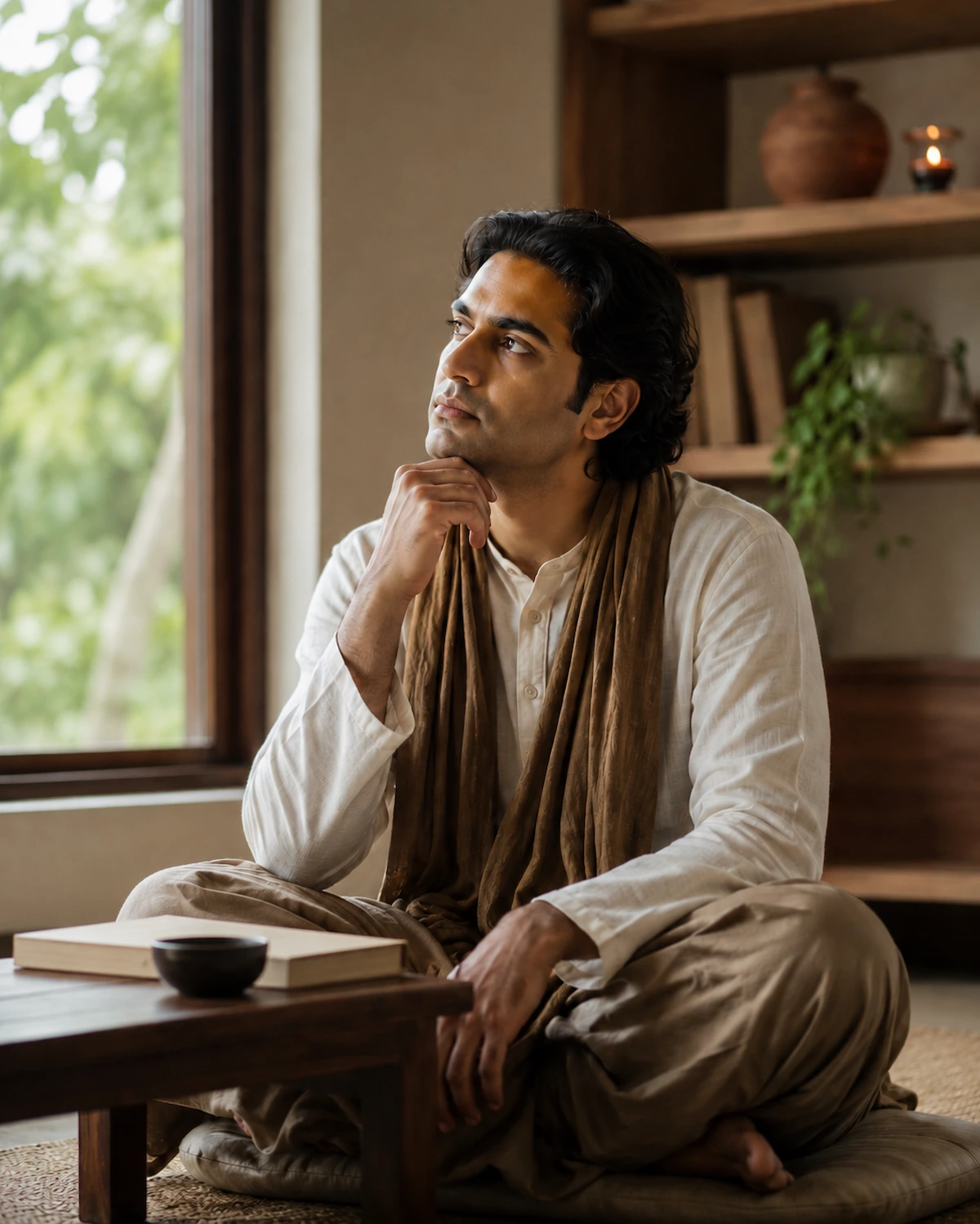 A person reflecting thoughtfully, seeking clearer understanding of dhyan