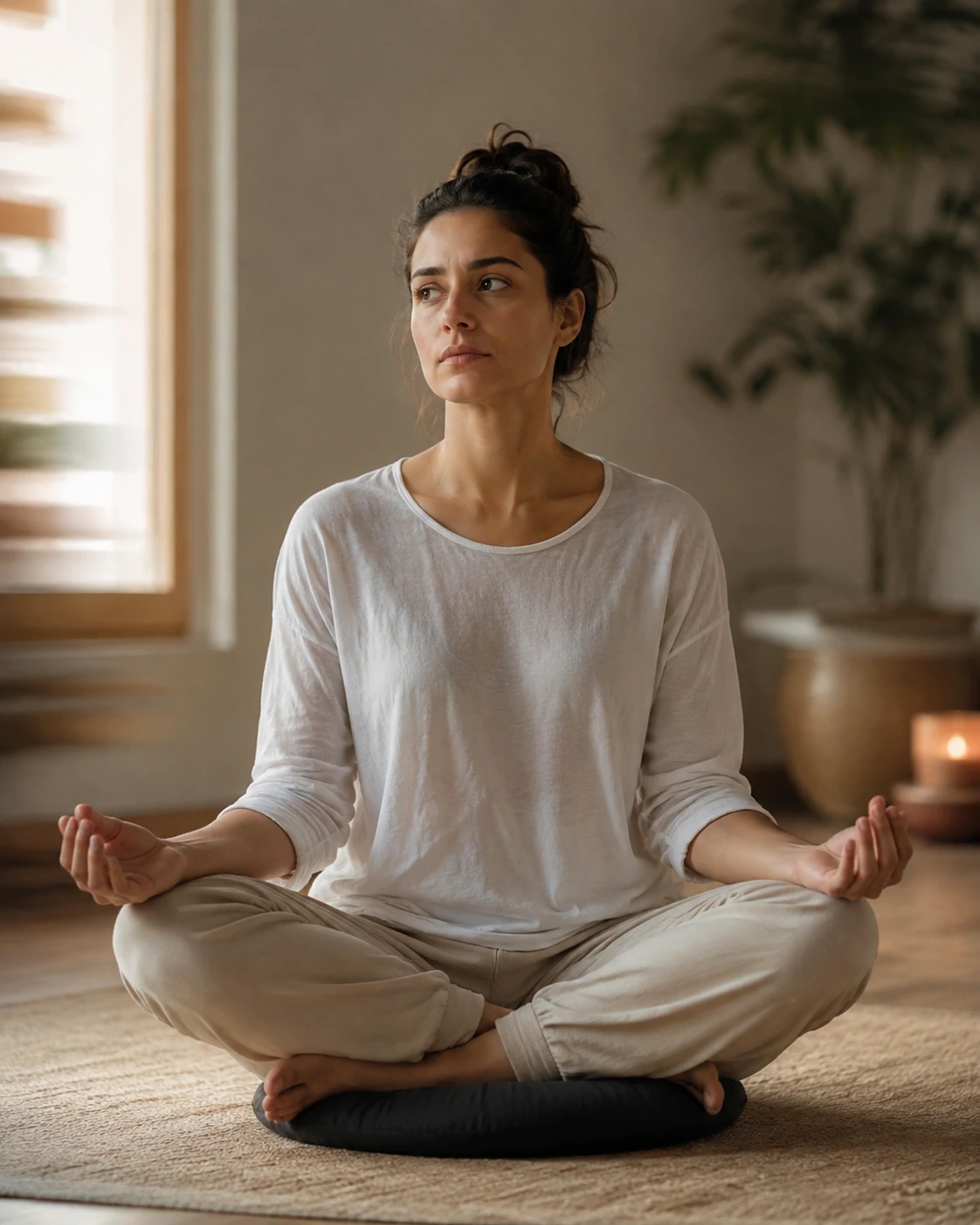A person meditating with eyes open, working through distraction and building consistency