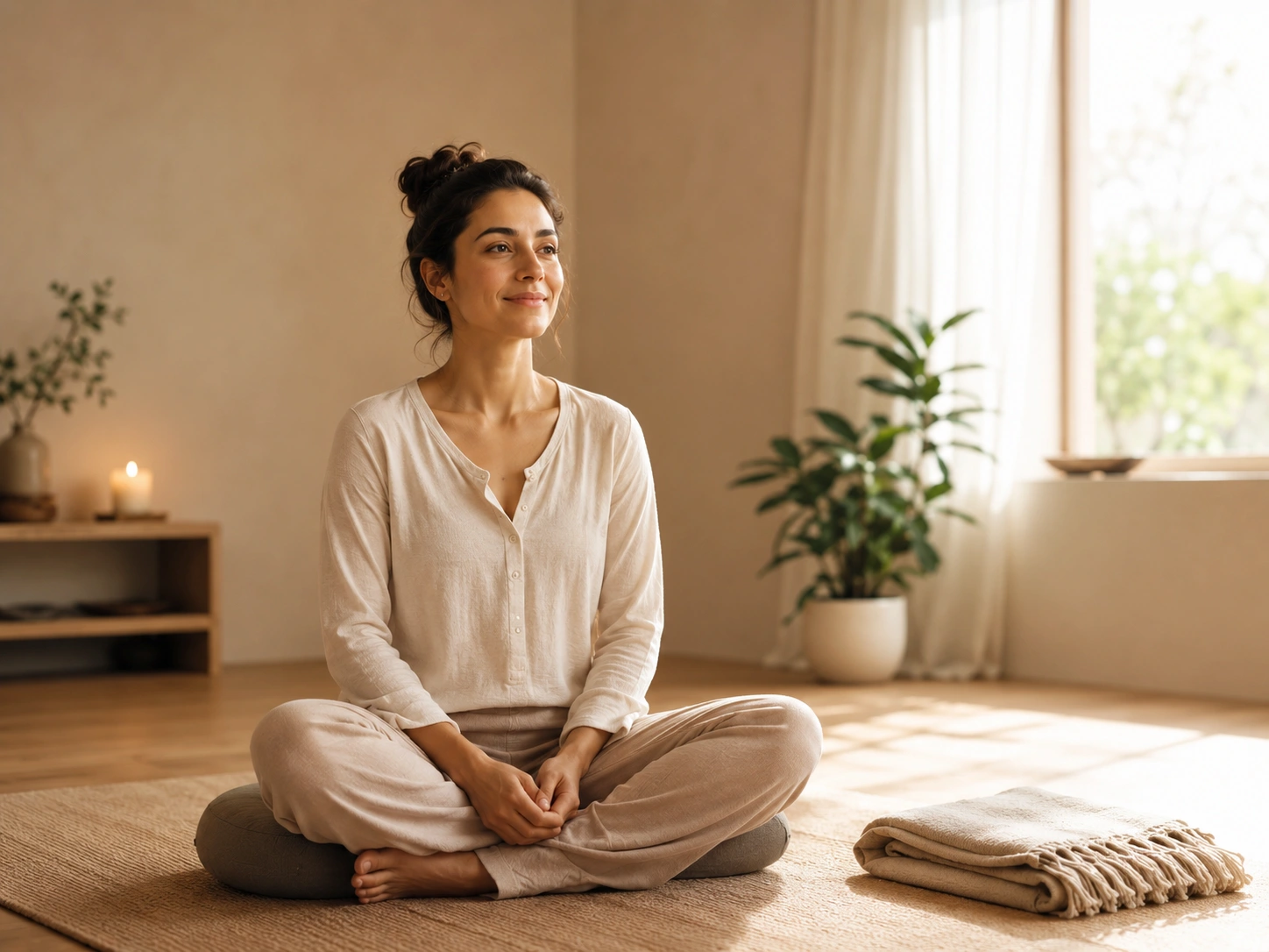 A person sitting cross-legged, beginning a meditation practice