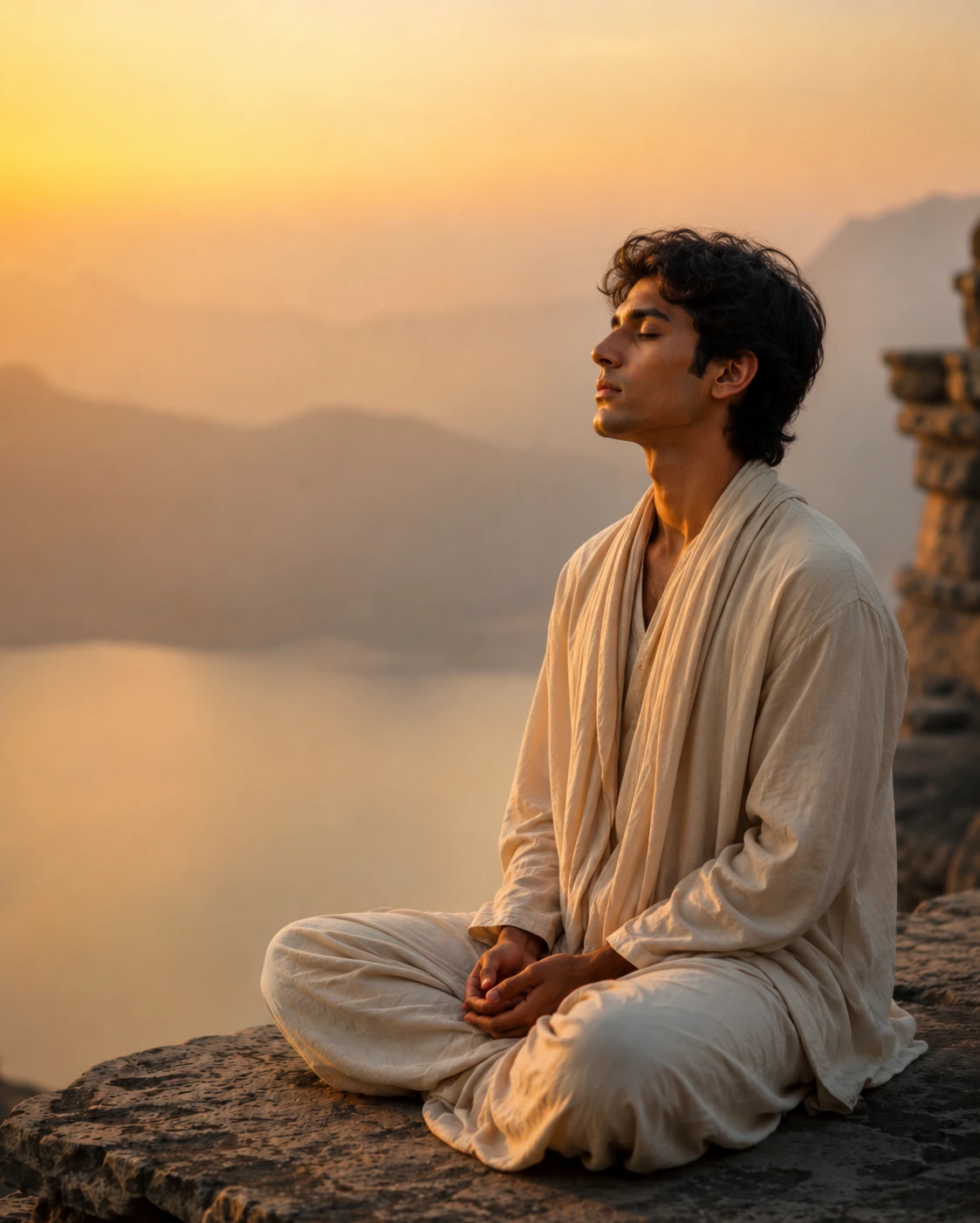 A spiritual seeker meditating at sunset, drawn to meditation's deeper goal