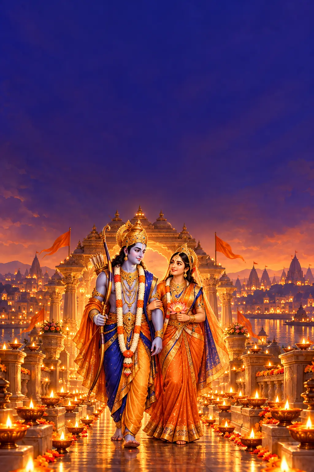 Illustration of Shree Ram and Sita Ma returning home to Ayodhya along a path lined with glowing diyas