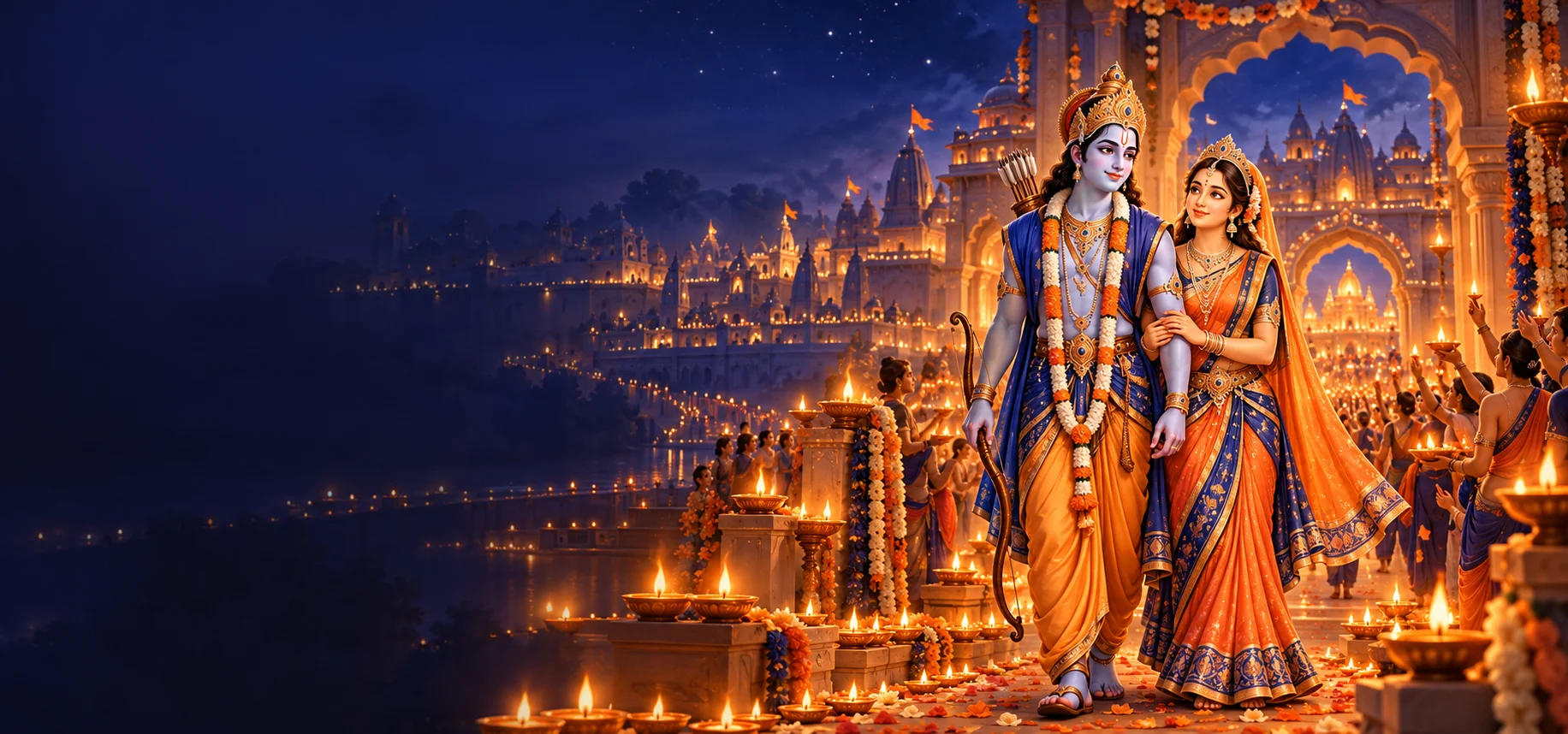 Illustration of Shree Ram and Sita Ma returning home to Ayodhya along a path lined with glowing diyas