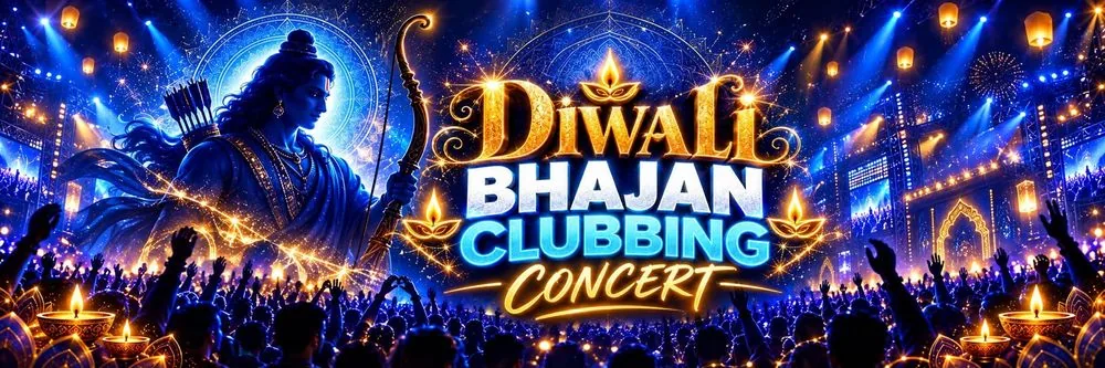 Diwali Bhajan Clubbing Concert: Lord Ram with his bow above a crowd raising their hands under stage lights and lanterns
