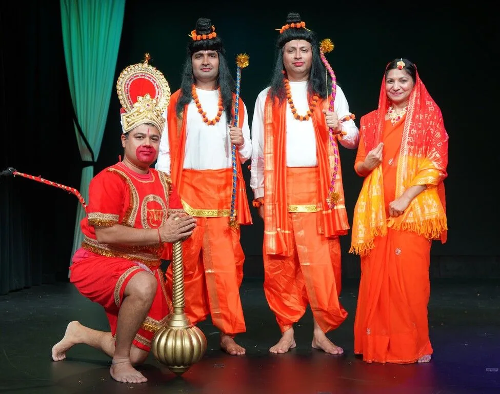 Performers dressed as Hanuman, Shree Ram, Lakshman and Sita Ma on stage