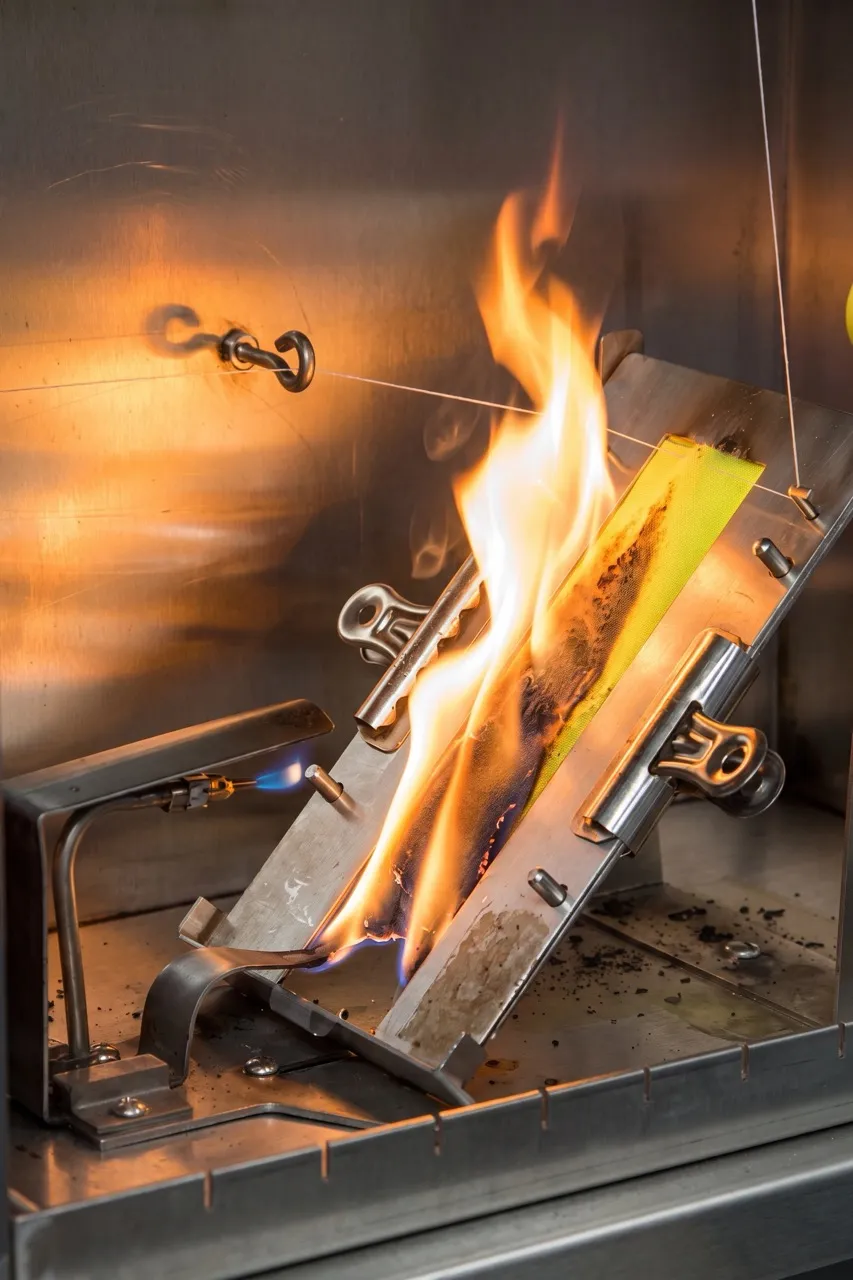 Fabric flame test: a sample clamped at an angle in a test rig with a burner applying flame at the base
