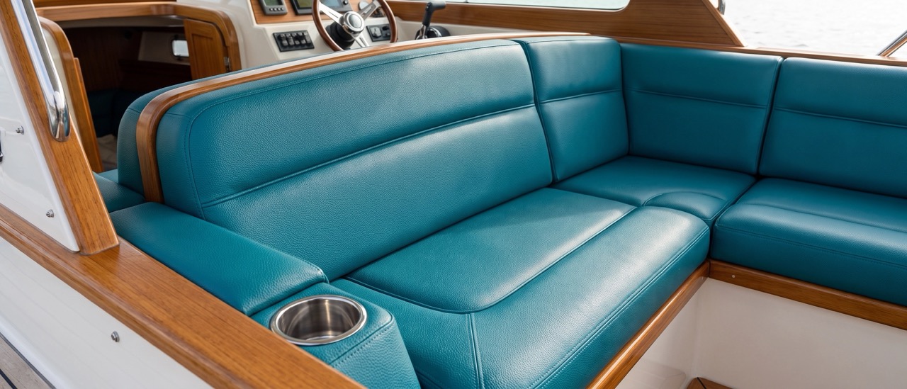 Marine and transport interior with fire safety rated faux leather