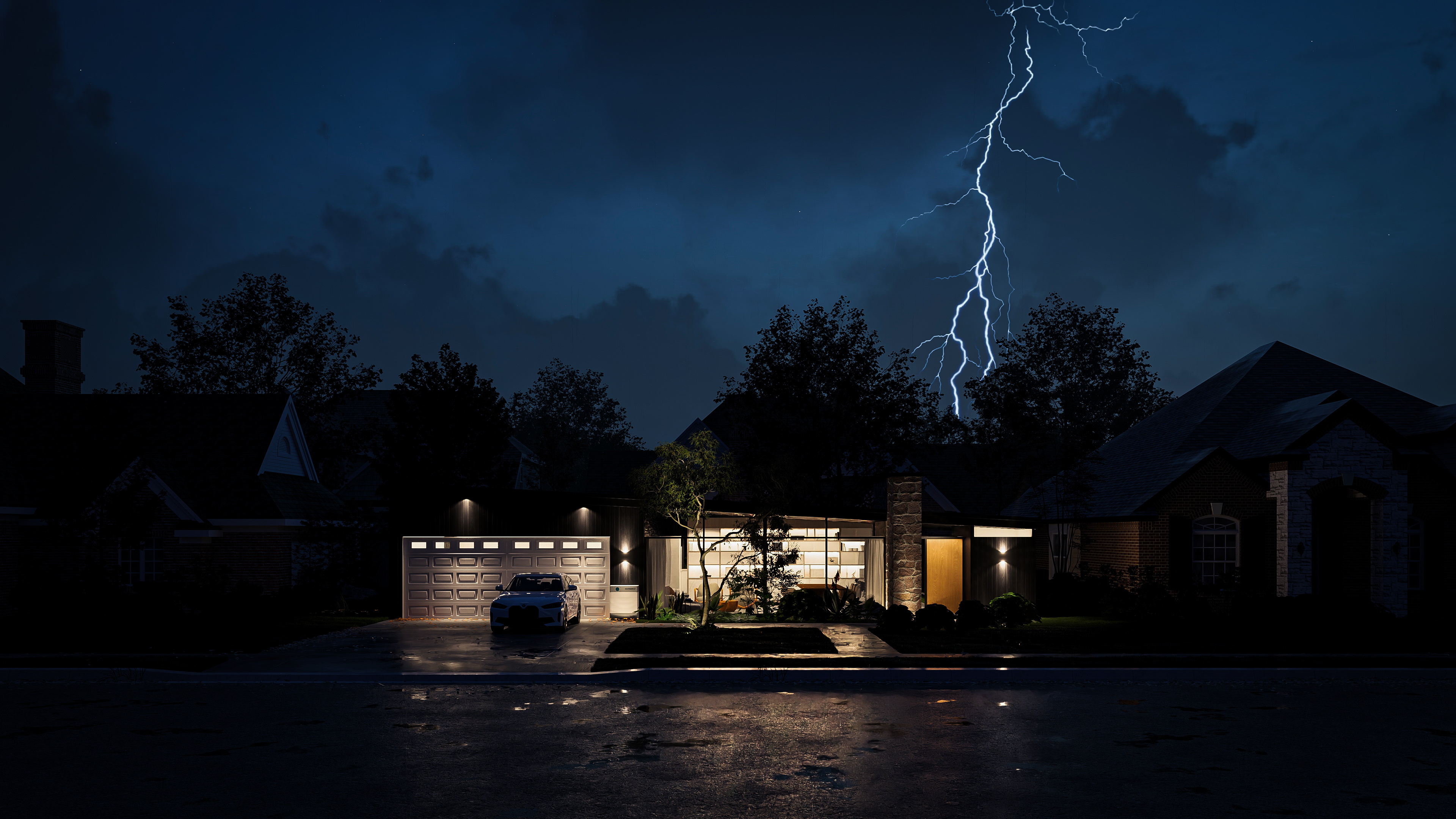 Modern home with lights on at night during a thunderstorm, with lightning striking in the background