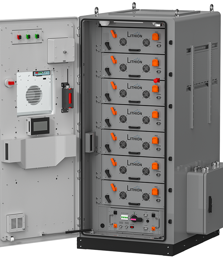 Lithion GridBox commercial battery cabinet with door open, showing stacked lithium-ion battery modules
