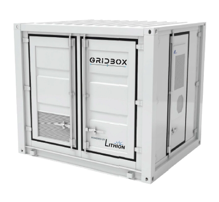 Lithion GridBox commercial battery cabinet with door open, showing stacked lithium-ion battery modules