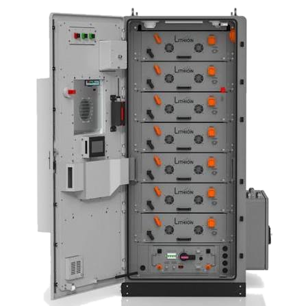 Lithion battery energy storage cabinet with door open, showing battery modules, enclosure, wiring and control electronics