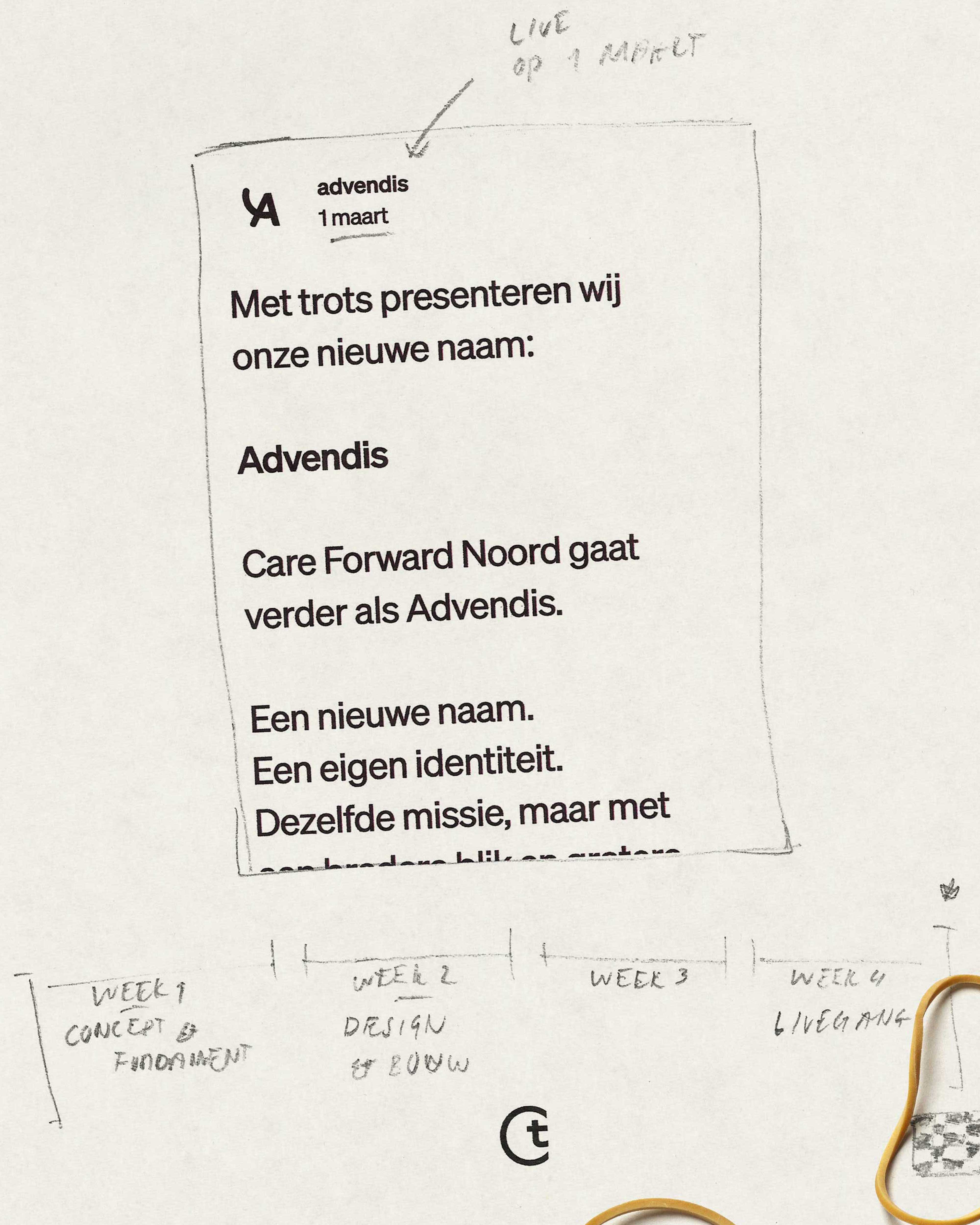 Schetsblad met de social post waarin Advendis bekendmaakt dat Care Forward Noord verdergaat als Advendis, met daaronder de planning van vier weken