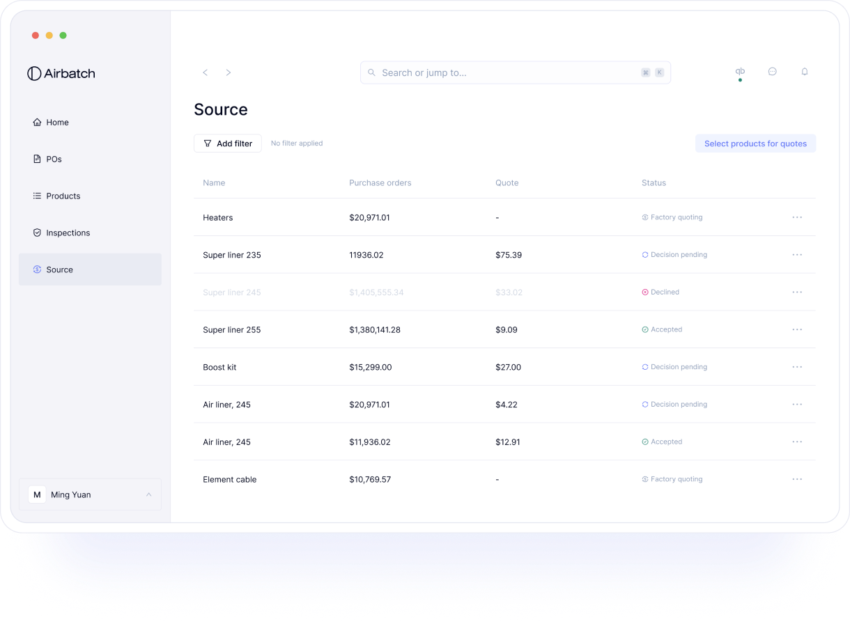 Airbatch web app dashboard mockup illustrates source products screen