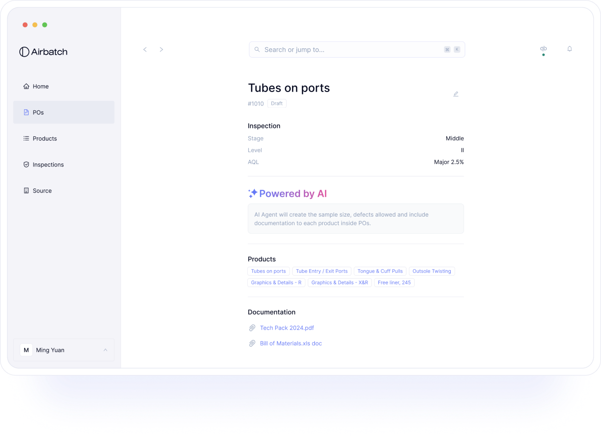 Dashboard mockup illustrates AI feature to update future purchase orders with product inspection parameters