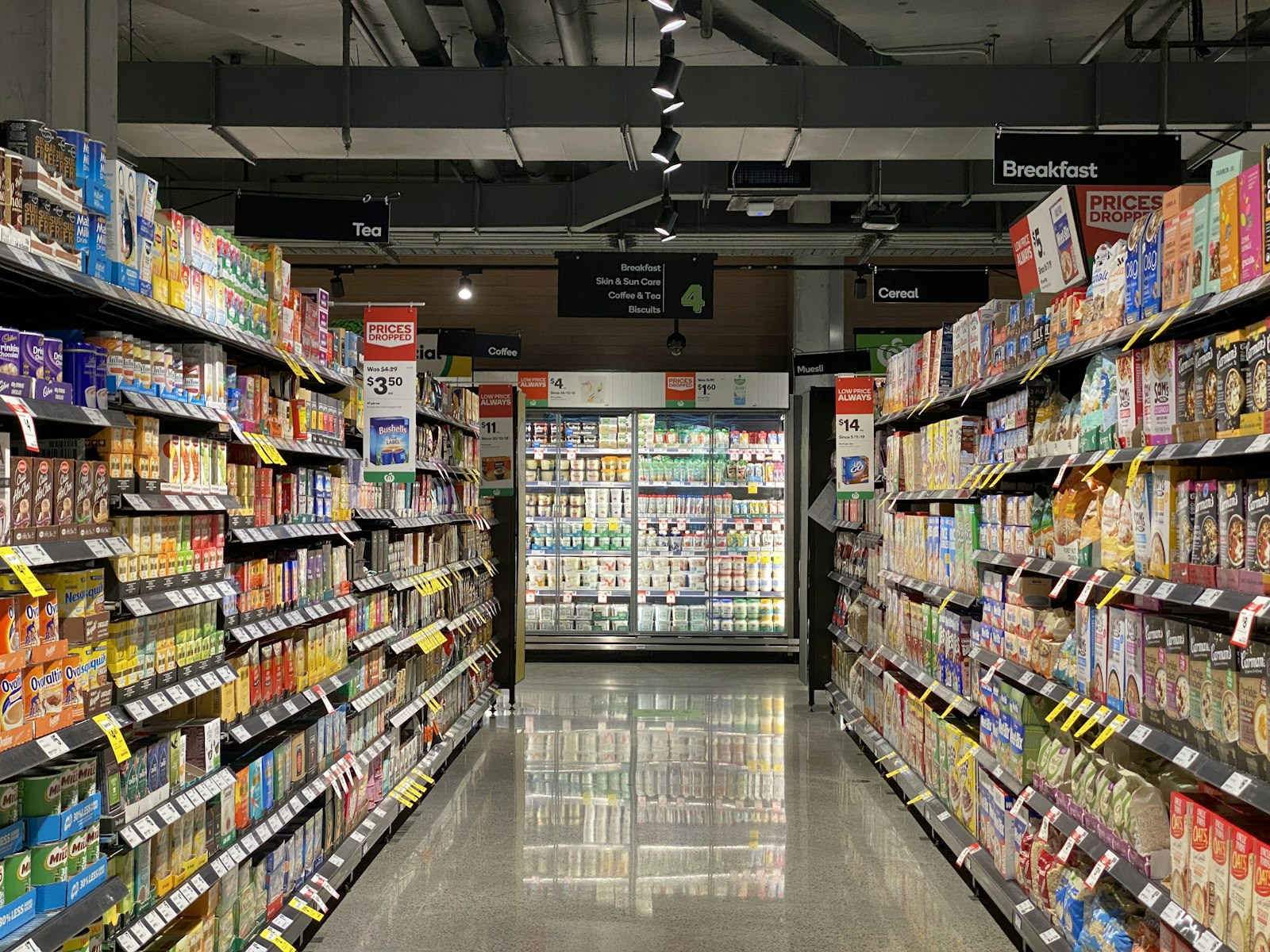 A stocked supermarket aisle