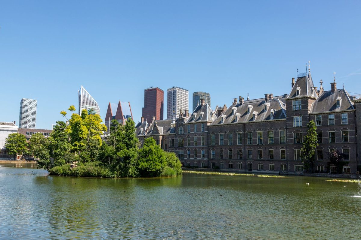 The Binnenhof in The Hague with the modern city skyline behind it
