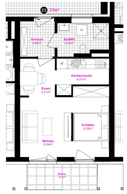 3-Zi-Wohnung mit Balkon in Graz, 46m² , modern und sonnig!