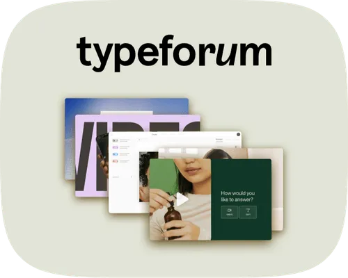 Typeform logo and product showcase featuring multiple form interface screens on a sage green background