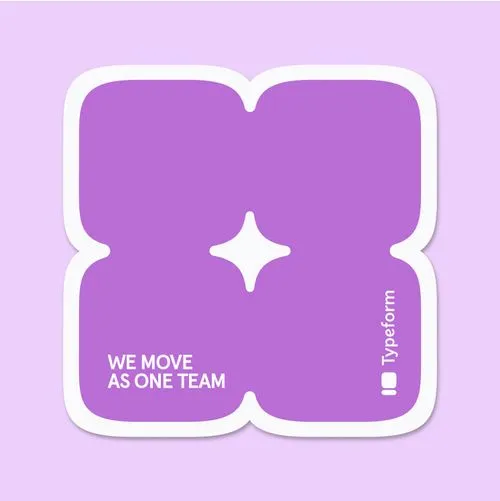 Typeform branded sticker in purple with We Move As One Team text and star shape