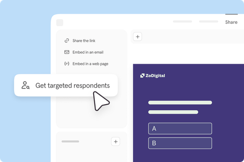 Survey sharing options with link, email, and web page embed alongside ZoDigital branded form with A/B choices