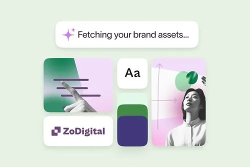 AI fetching brand assets for ZoDigital showing typography, color swatches, logo, and imagery tiles