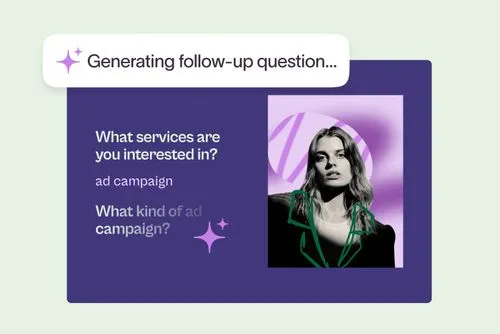 AI generating follow-up questions for an ad campaign service inquiry on a purple card interface
