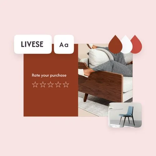 Furniture brand design mockup showing Livese branding, star rating, sofa photo, and color swatches on pink background