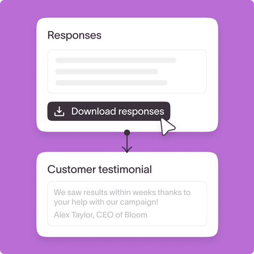 Survey responses panel with download button connected to a customer testimonial quote from Alex Taylor
