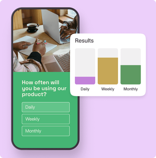 Mobile survey asking product usage frequency with daily, weekly, monthly options and color-coded results chart