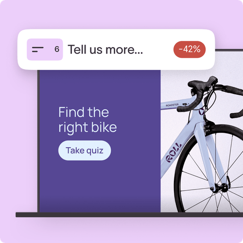 Interactive quiz to find the right bike with a Take quiz button and a road bicycle image