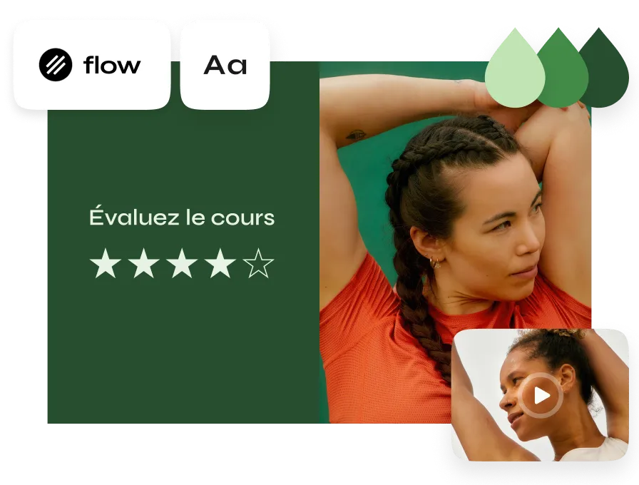 Fitness class rating UI with four stars and a woman stretching in orange athletic wear