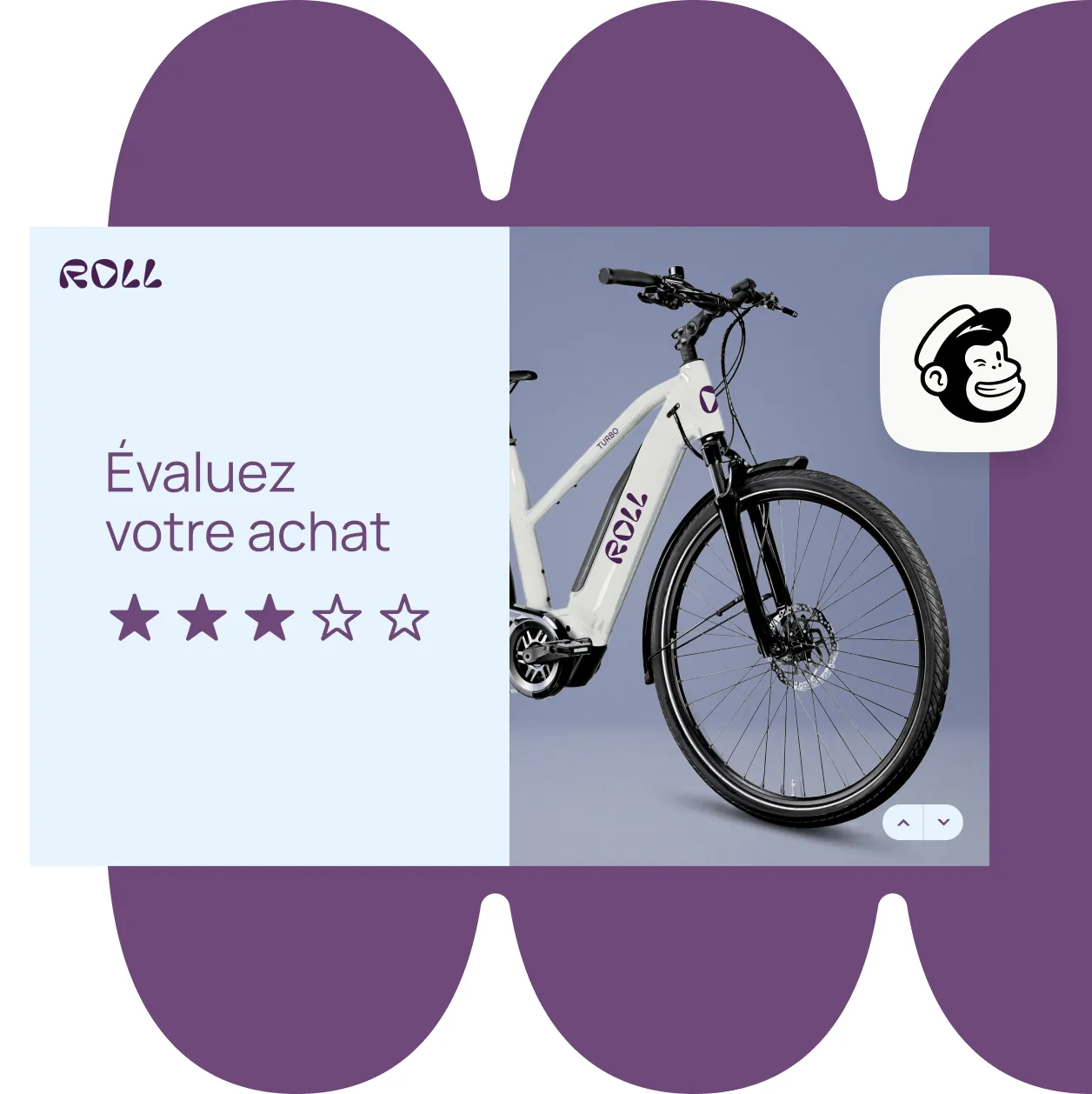 Roll bike purchase review card with star rating and Mailchimp integration icon